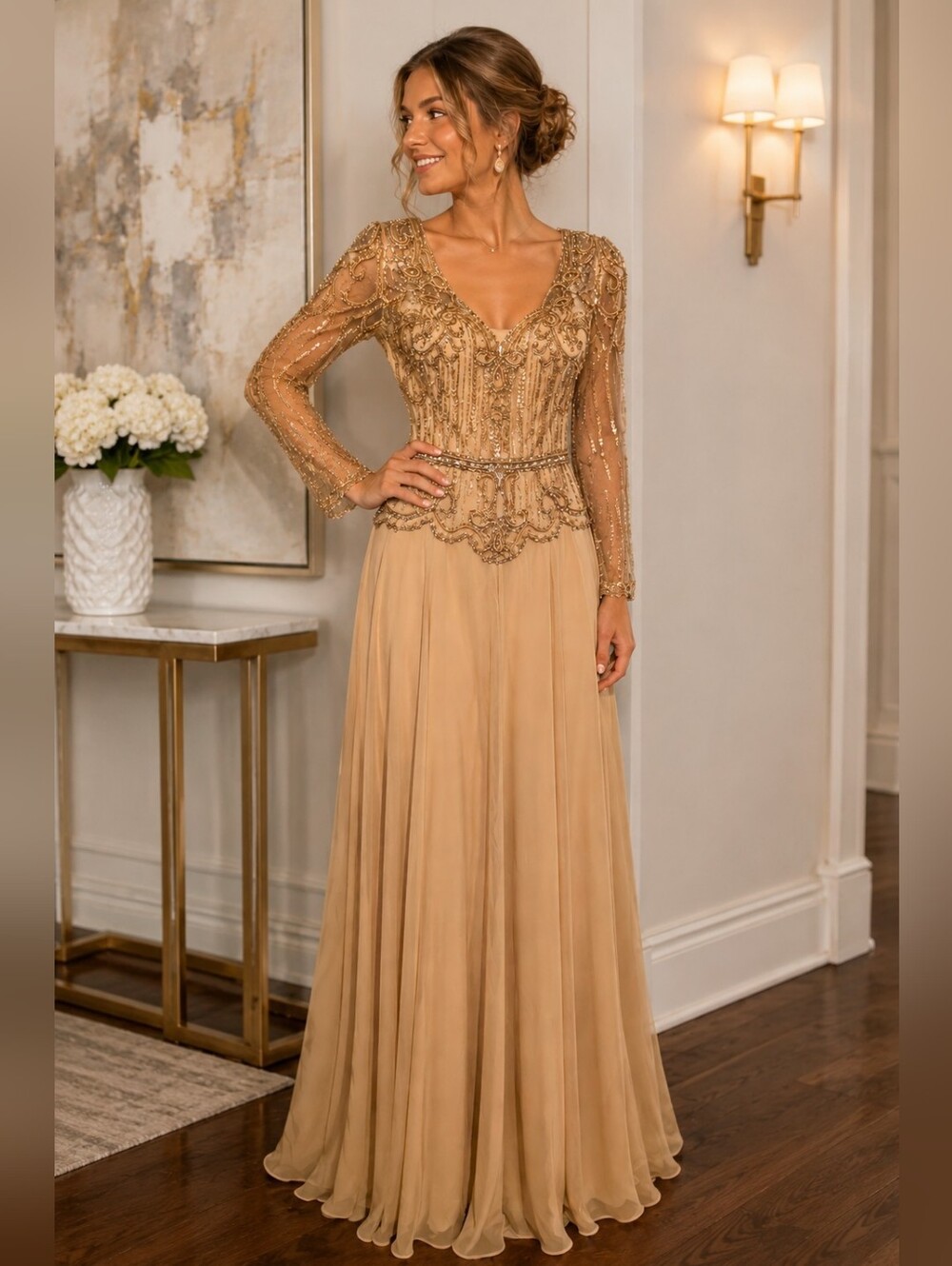 Terani Couture Beaded Long Sleeve V-Neck Evening Gown - EUC Size 12
